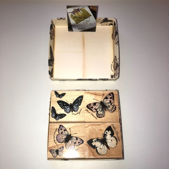 HERO ARTS Poetic Prints Butterfly Butterflies Rubber Stamp Wood Mount Set of 4 - Picture 4 of 9